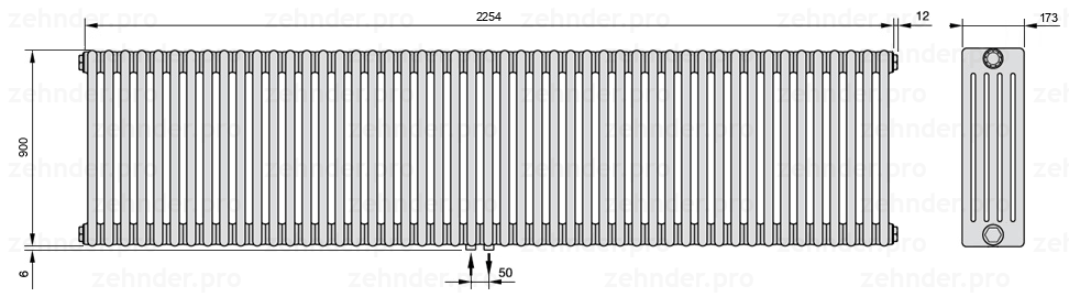 Схема (чертеж) Радиатор Zehnder Charleston 5090/49 №3470 Белый глянцевый RAL 9016